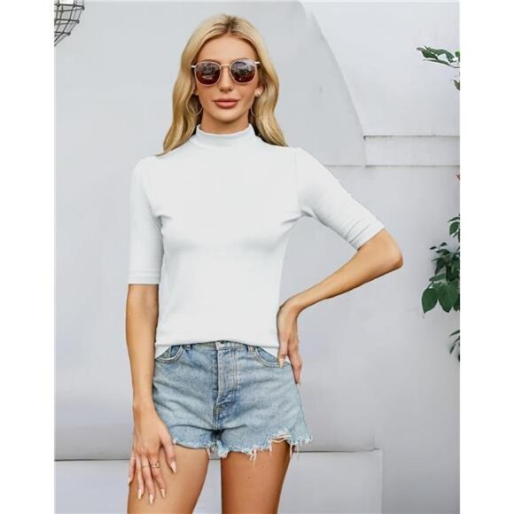 Women Tops Half Sleeve Mock Turtleneck Tee Shirts Slim Fit Basic Shirt Blouses - Picture 2 of 7